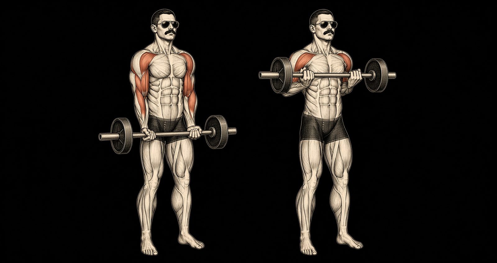 Barbell, preacher, or dumbbell curl — Mike Mentzer Heavy Duty start and finish. Biceps marked. Mentzer Log.