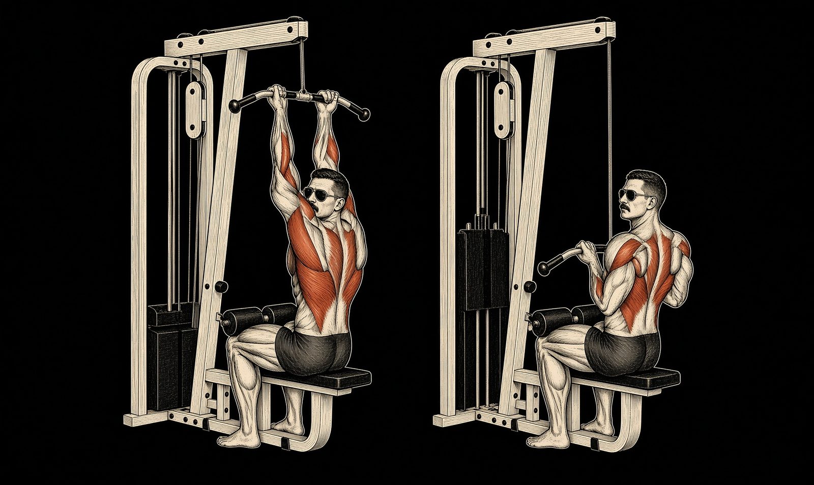 Close-grip pulldown or chin-up — Mike Mentzer Heavy Duty start and finish. Lats, biceps marked. Mentzer Log.