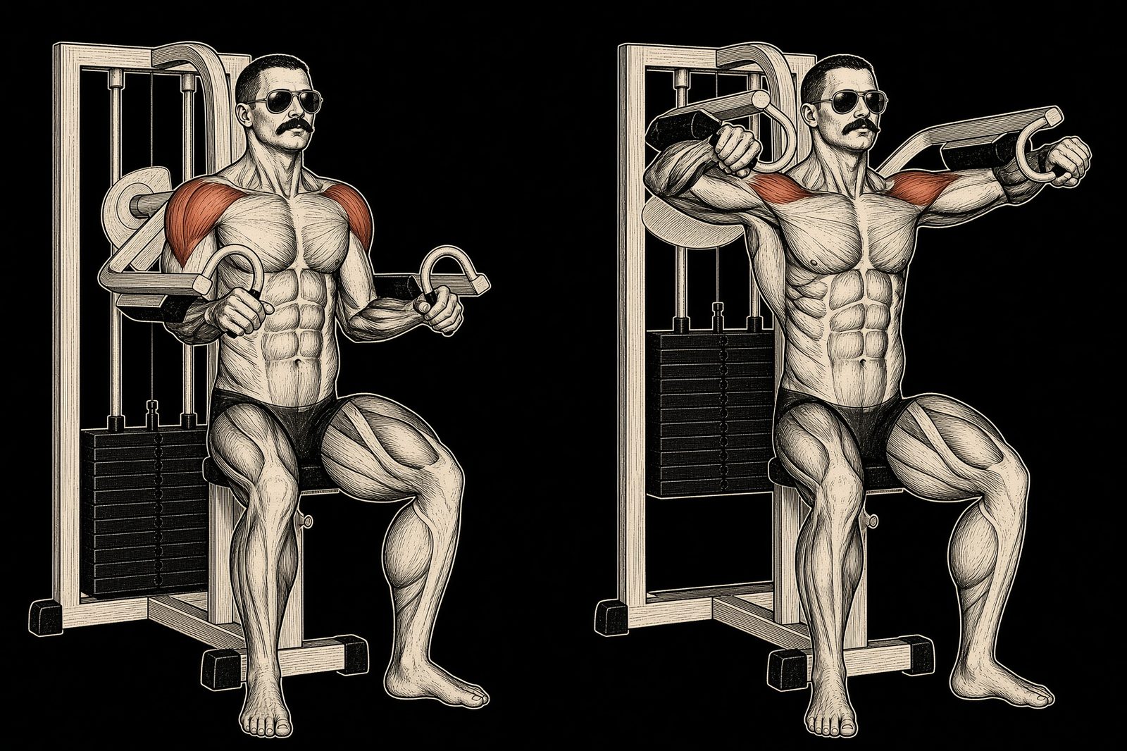 Dumbbell or machine lateral — Mike Mentzer Heavy Duty start and finish. Side delts marked. Mentzer Log.