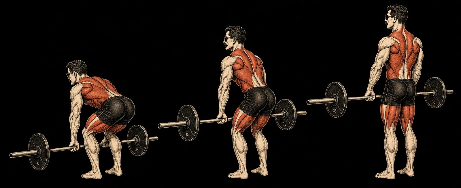 Deadlift — Mike Mentzer Heavy Duty start and finish. Back, hips, grip marked. Mentzer Log.