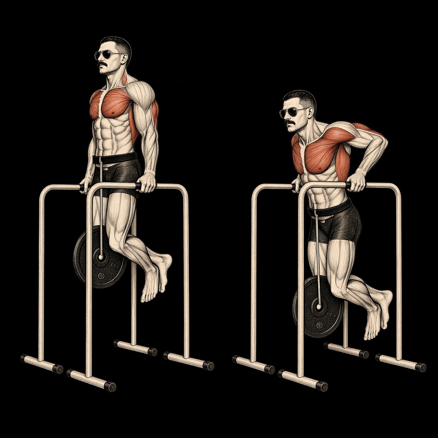 Dip or decline press — Mike Mentzer Heavy Duty start and finish. Chest, shoulders, triceps marked. Mentzer Log.