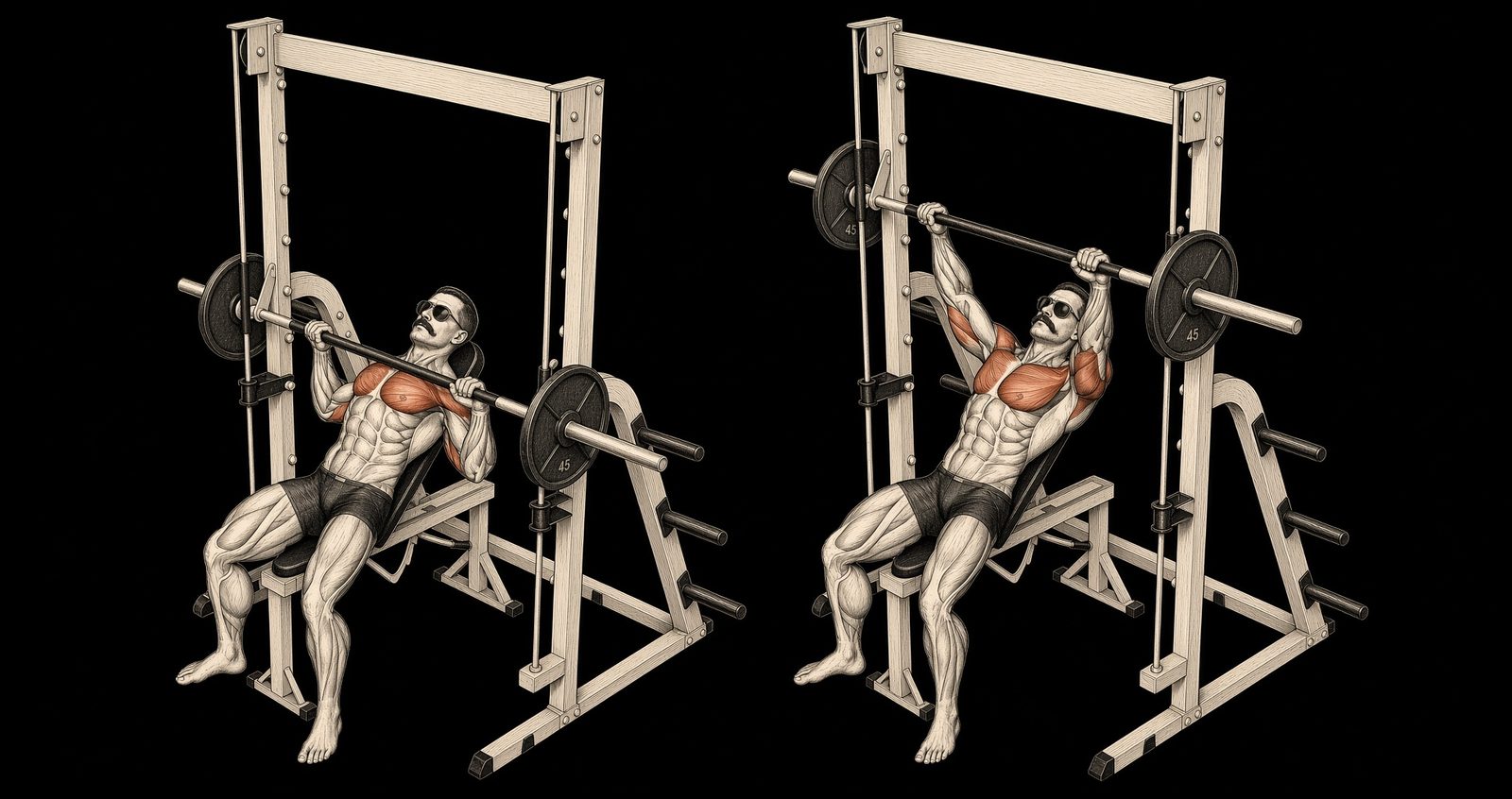 Incline press — Mike Mentzer Heavy Duty start and finish. Chest, front delts, triceps marked. Mentzer Log.