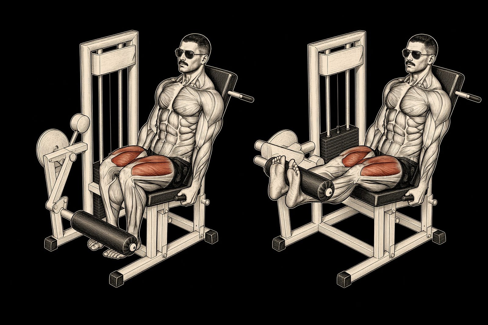 Leg extension — Mike Mentzer Heavy Duty start and finish. Quads marked. Mentzer Log.