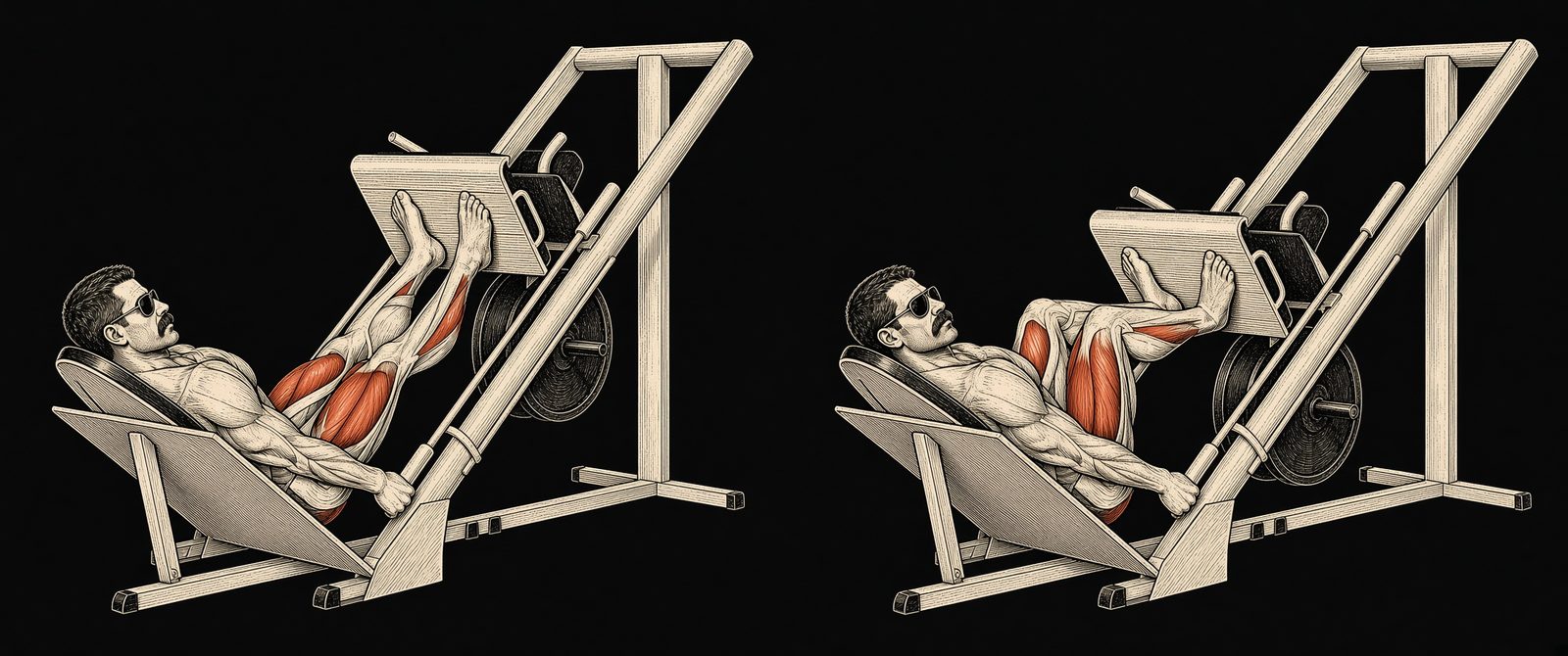 Leg press or squat — Mike Mentzer Heavy Duty start and finish. Quads, glutes marked. Mentzer Log.