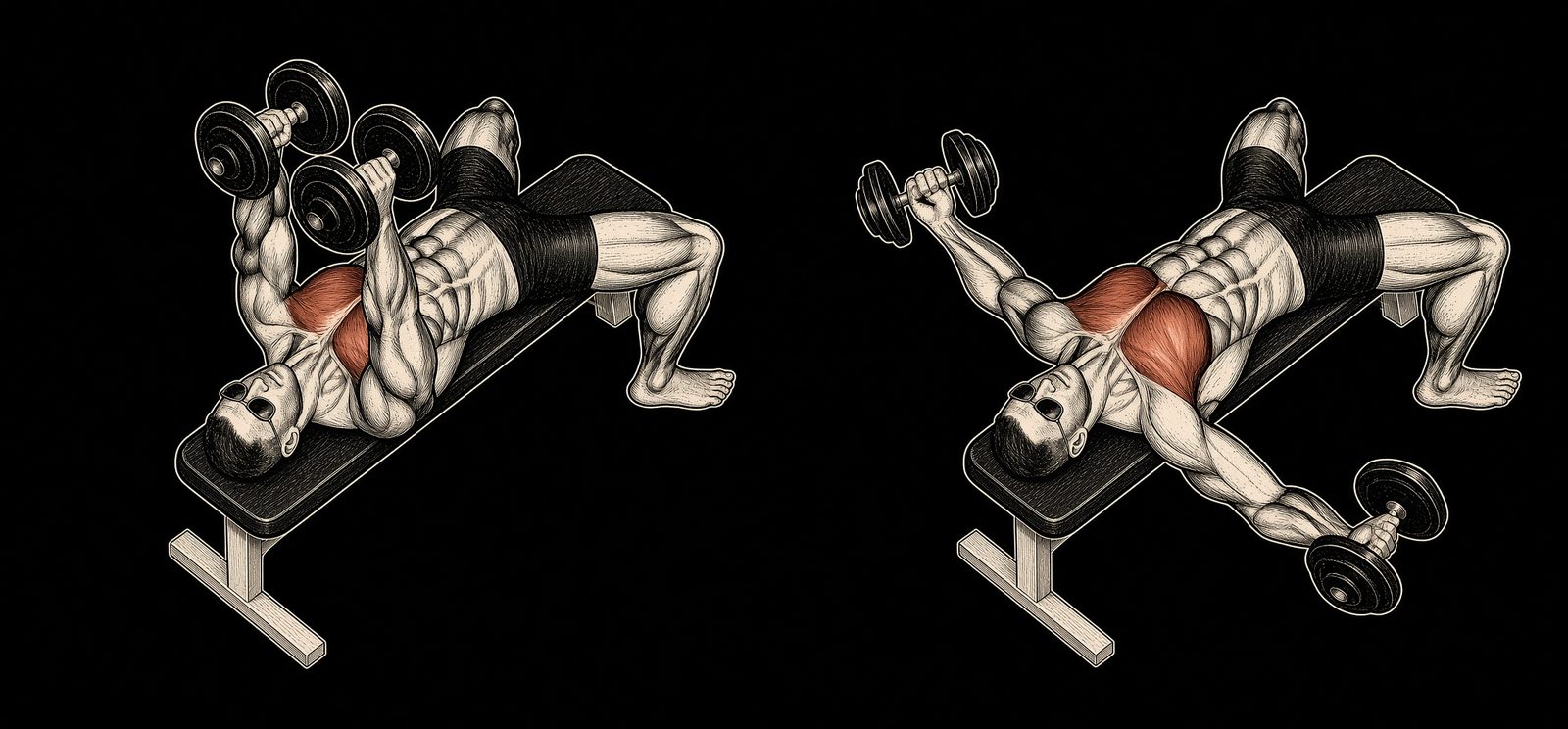 Pec deck or dumbbell flye — Mike Mentzer Heavy Duty start and finish. Chest marked. Mentzer Log.