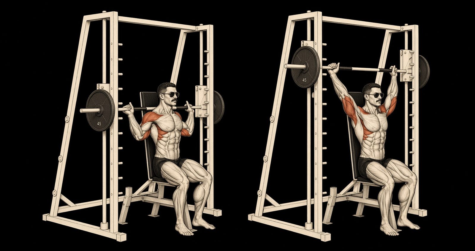 Overhead press or behind-neck — Mike Mentzer Heavy Duty start and finish. Shoulders, triceps marked. Mentzer Log.