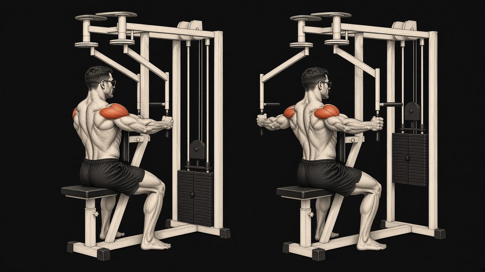 Rear delt raise or reverse pec deck — Mike Mentzer Heavy Duty start and finish. Rear delts marked. Mentzer Log.