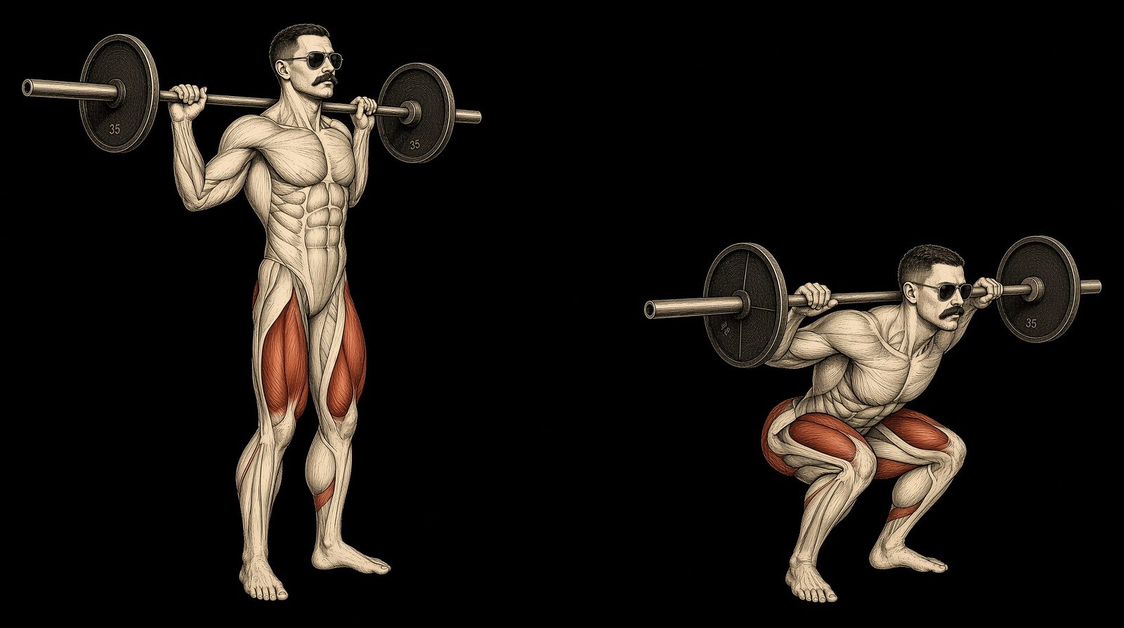 Squat or leg press — Mike Mentzer Heavy Duty start and finish. Quads, glutes, back marked. Mentzer Log.