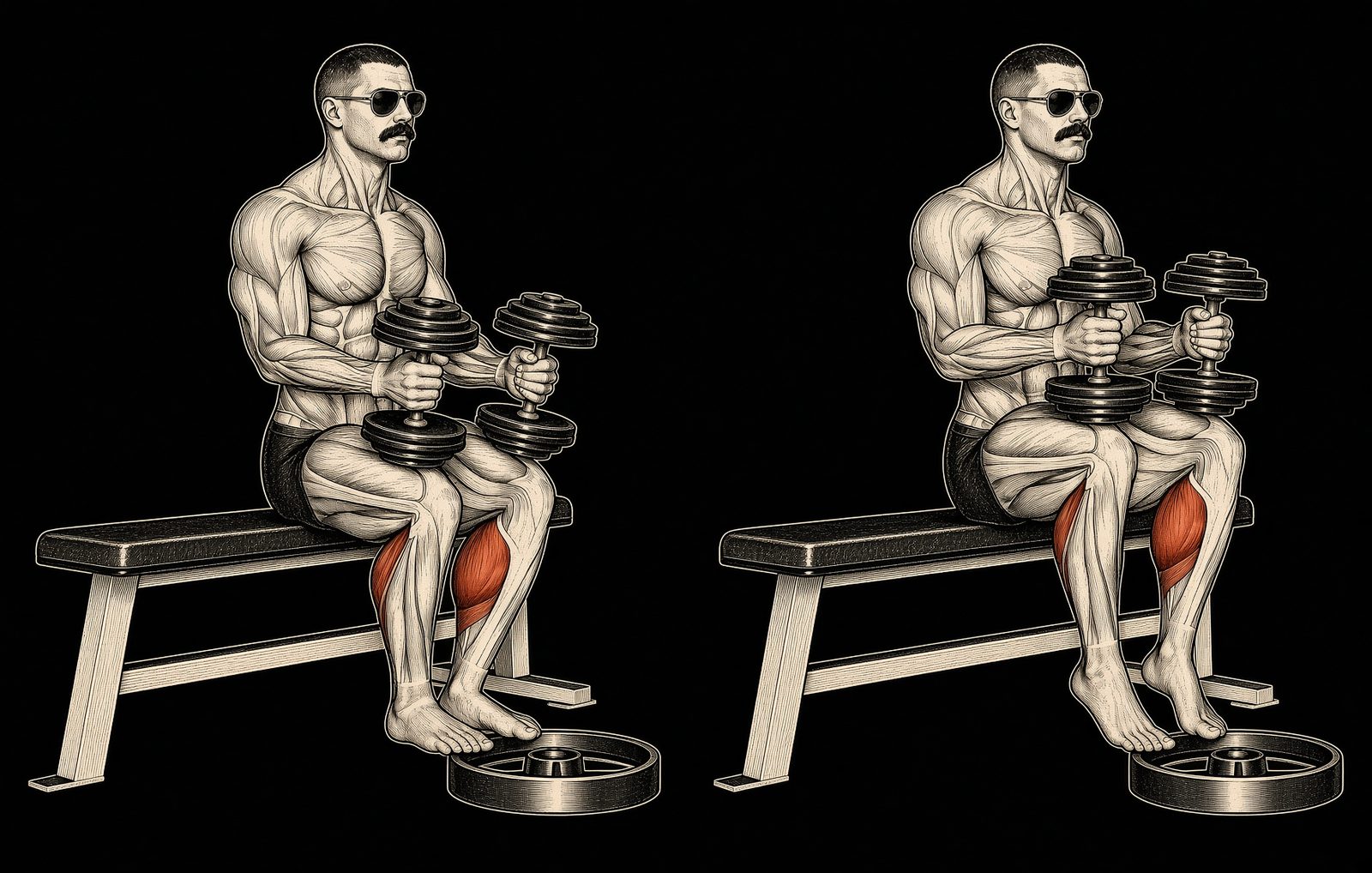Standing or donkey calf raise — Mike Mentzer Heavy Duty start and finish. Calves marked. Mentzer Log.
