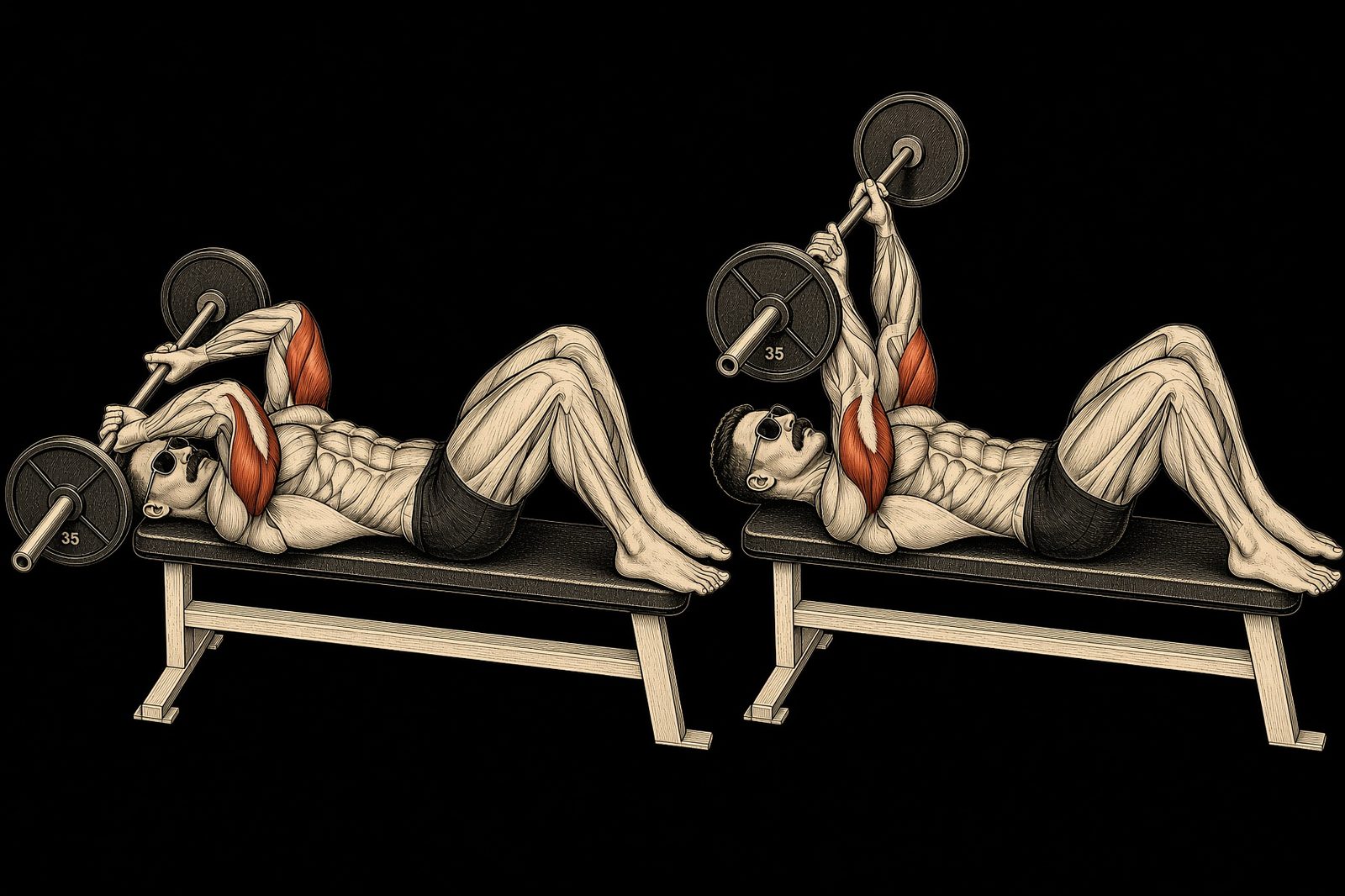 Pressdown or skull crusher — Mike Mentzer Heavy Duty start and finish. Triceps marked. Mentzer Log.