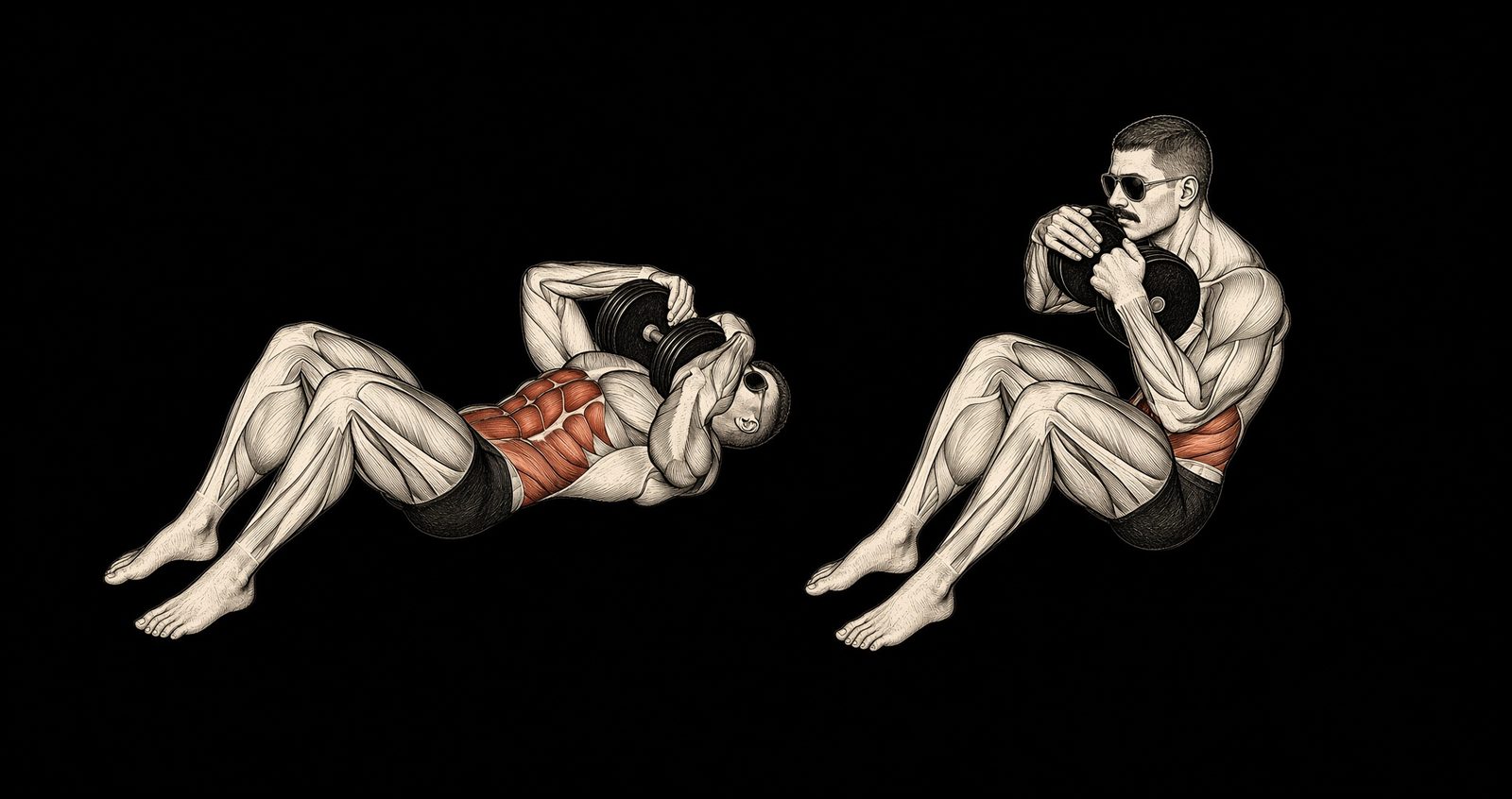 Weighted crunch or sit-up — Mike Mentzer Heavy Duty start and finish. Abs marked. Mentzer Log.